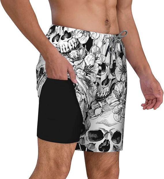 feelacle Mens Swim Trunks 9 Inch Inseam Board Shorts Beach Swimwear Bathing Suit with Compression Liner and Pockets - skull swimsuit