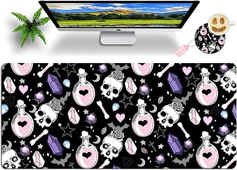 Mouse Pad Large with Coaster, 35.4"x15.7" Skull Goth Magic Cute Witchy Theme Design Full Desk Mousepad Stitched Edges Desk Pad Extended Large Gaming XXL Mouse Pad for Desk Office Home - skull coaster