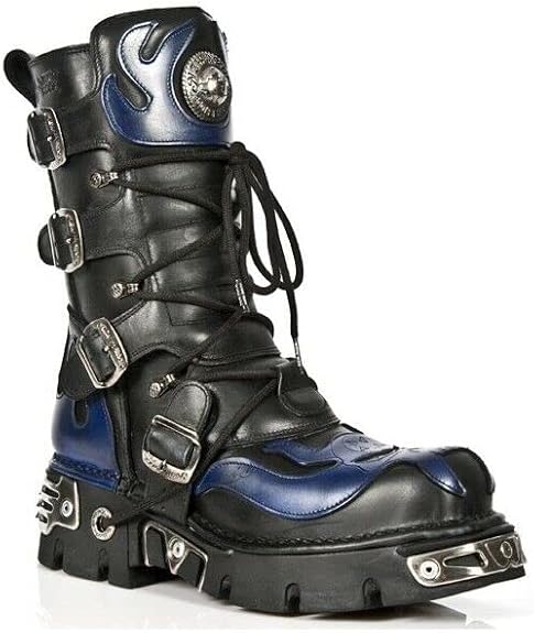 New Rock Men's 107-C5 Black Blue Metallic Skull Devil Goth Punk Leather Calf Boots 6.5 - sugar skull costume