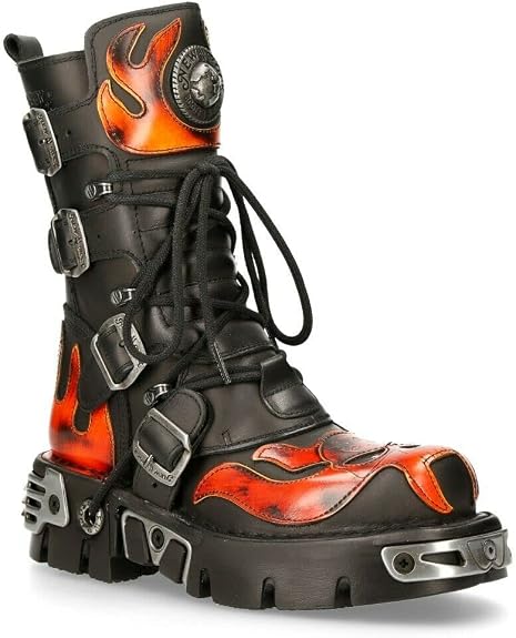 New Rock Men's 107-S1 Black Red Metallic Skull Devil Goth Punk Leather Calf Boots 6.5 - sugar skull costume