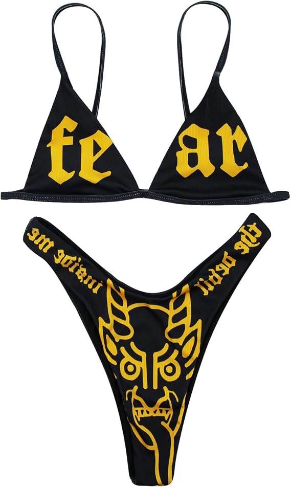 JUMISEE Women Skull Letter Pattern Goth Bikini Set 2 Piece High Waist Bandeau Swimsuit - skull swimsuit