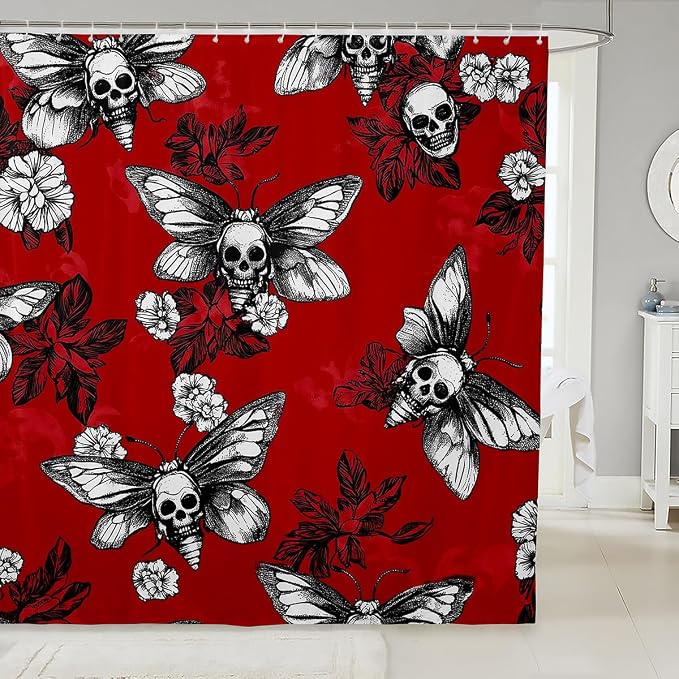 Gothic Skull Shower Curtain Decor Boho Moth Flowers Bath Curtain Halloween Decorations Pesonalized Skeleton Bones Bathroom Sets For Youth Adult Teens Boys Women Red White Black 72" W x 72" L - skull toilet mat