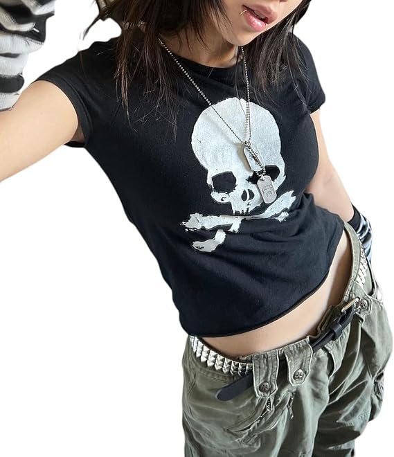 Women's Gothic Crop Tops Skull Print Short Sleeve Round Neck T-Shirt Basic Summer Graphic Tee Y2k E-Girl Grunge Shirts - skull tshirt