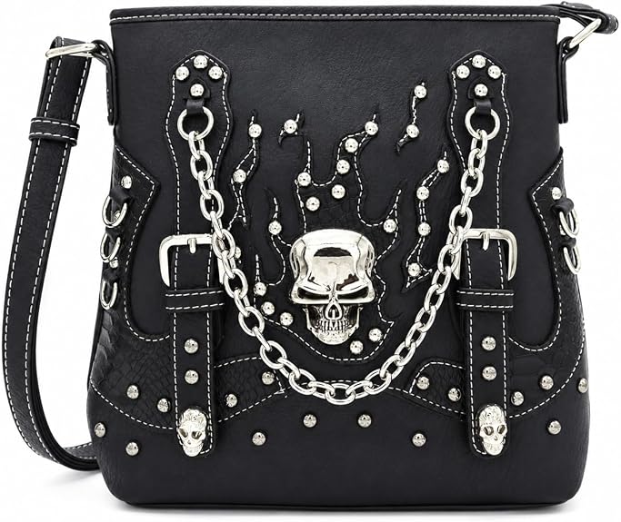 Gothic Sugar Skull Crossbody Purse for Women Rhinestone Studs Shoulder Bag