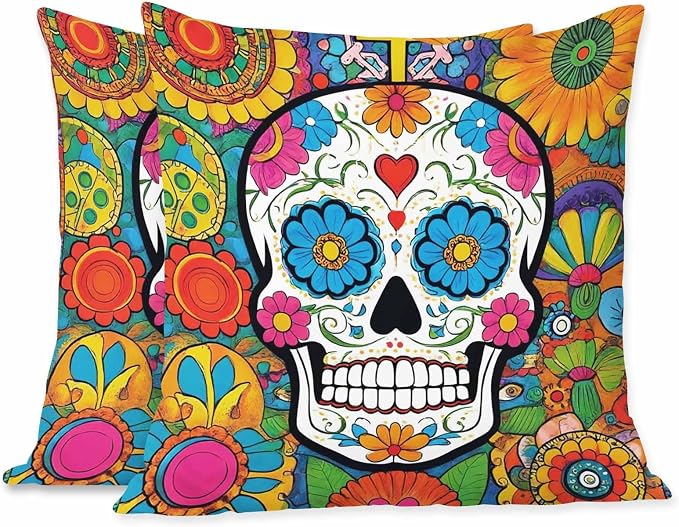 Throw Pillow Covers Colorful Sugar Skull Floral Skeleton Ornament Set of 2 Decorative,Cushion Case for Home Sofa Chair Car for Men Women 18X18 Inch - sugar skull ornament