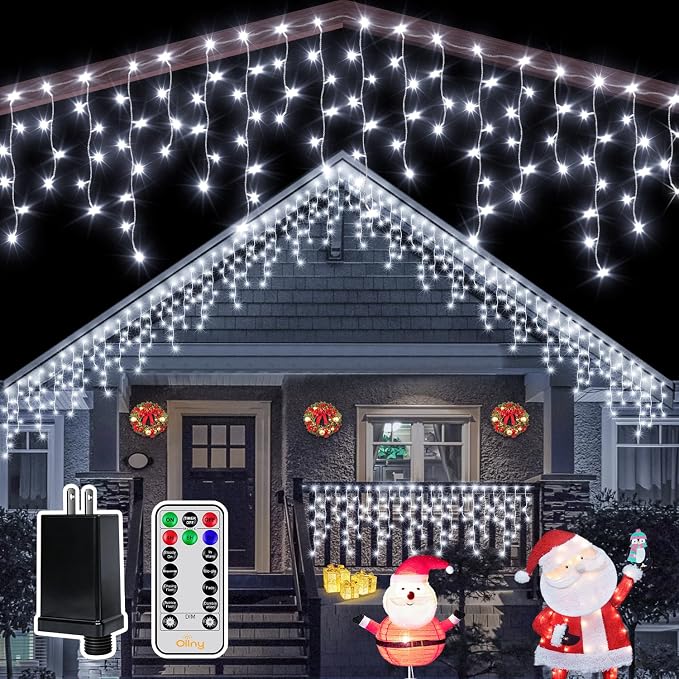 Ollny Icicle Lights for Outside 504LED 41FT, Cool White Christmas Light with Remote 8Modes Timers Waterproof, Plug in Connectable Hanging Lights for Outdoor Indoor House Roof Holiday - string light