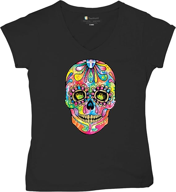 Dean Russo Sugar Skull Women's V-Neck T-Shirt Day of The Dead Neon Calaver Tee - skull tshirt