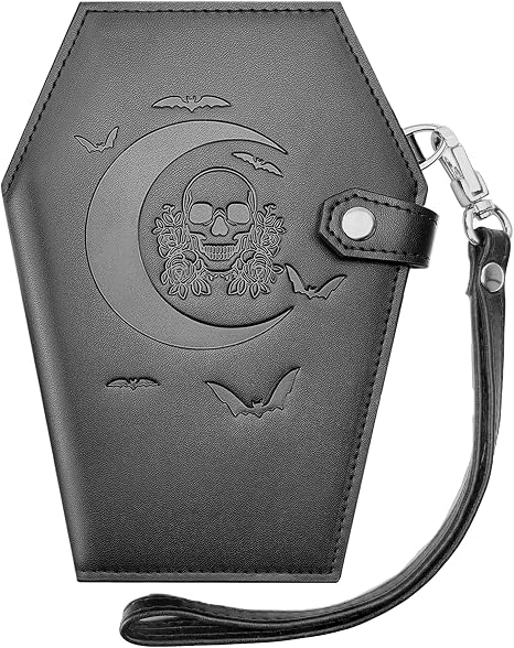 Lazy Skull Large Coffin Wallet – Horror Coffin Purse – Spooky Goth Skull Wallet for Women – Gothic Moon Wallet with Zipper – Snap Closure Witch Wallet– Halloween Witchy purse - skull wallet