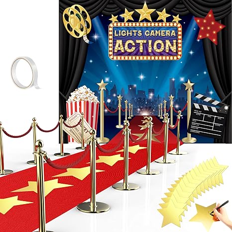 26pcs Movie Night Backdrop Decos Set, Include 2.6 x 15 ft Red Carpet Runner - skull carpet