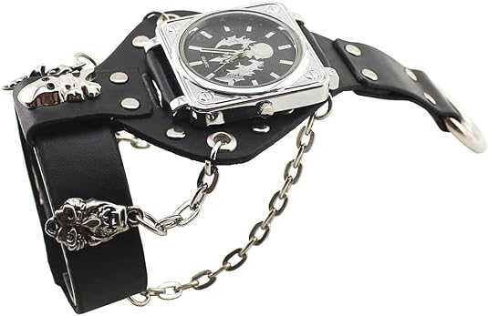 Fashion Hip-Hop Punk Skull Watch for Men Women Black Wide Leather Cuff Band Watch Cool Style Wrist Watches,Chains Locomotive Glove - skull watch
