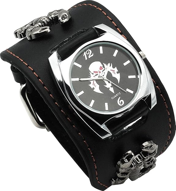 Punk Scorpion Skull Watch for Men Women Black Wide Leather Cuff Band Watch Cool Style Wrist Watches,Rock Locomotive - skull watch