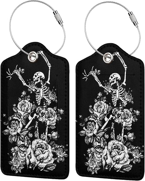 Cool Rose Skull Skeleton Leather Baggage Tags Full Privacy Cover Set of 2 for Women Men Travel - skull suitcase