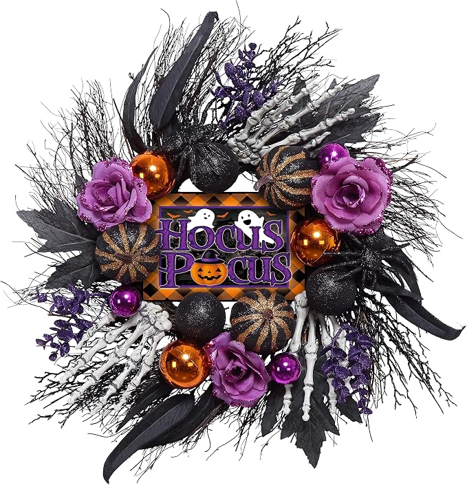 Vofuly 20inch Halloween Wreath for Front Door, Halloween Decor with Artificial Rose,Pumpkin Skulls and Ghost Sign for Indoor Outdoor Party Decoration,Front Door Wall Wreath Ornaments Decor - skull wreath