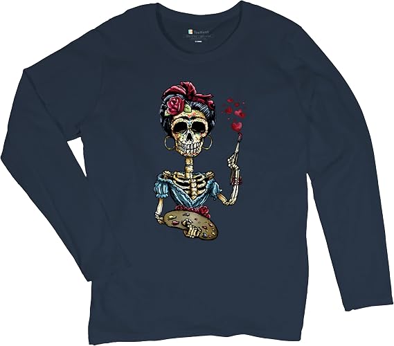 Tee Hunt Frida Calavera Sugar Skull Women's Long Sleeve T-Shirt Day of The Dead Art Dia de Los Muertos Mexican Artist Shirt - skull tshirt