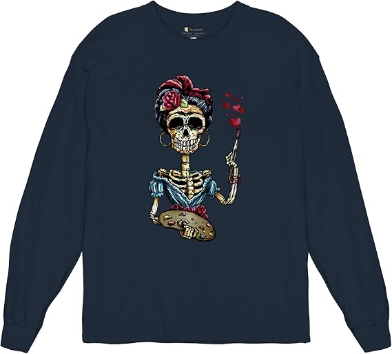 Tee Hunt Frida Calavera Sugar Skull Long Sleeve T-Shirt Day of The Dead Art Dia de Los Muertos Mexican Artist - skull tshirt