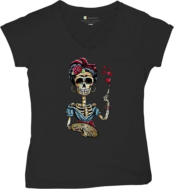 Tee Hunt Frida Calavera Sugar Skull Women's V-Neck T-Shirt Day of The Dead Art Dia de Los Muertos Mexican Artist Tee - skull tshirt