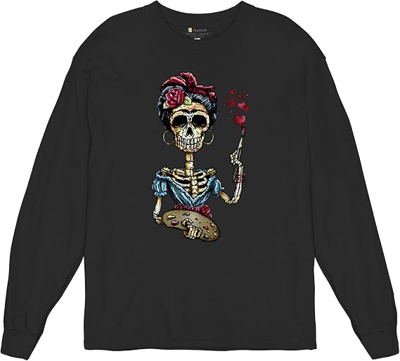 Tee Hunt Frida Calavera Sugar Skull Long Sleeve T-Shirt Day of The Dead Art Dia de Los Muertos Mexican Artist - skull tshirt