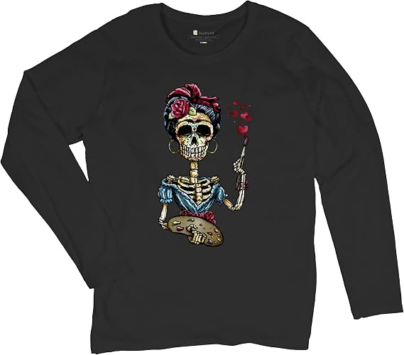 Tee Hunt Frida Calavera Sugar Skull Women's Long Sleeve T-Shirt Day of The Dead Art Dia de Los Muertos Mexican Artist Shirt - skull tshirt