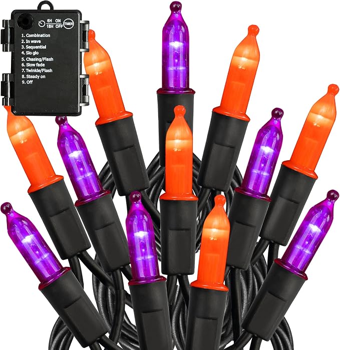 TW SHINE Battery Operated Halloween Lights Outdoor, 50 LED 16FT Orange and Purple String Lights, Waterproof Mini String Lights with 8 Modes, Halloween Decorations for Indoor Patio Party Decor - string light