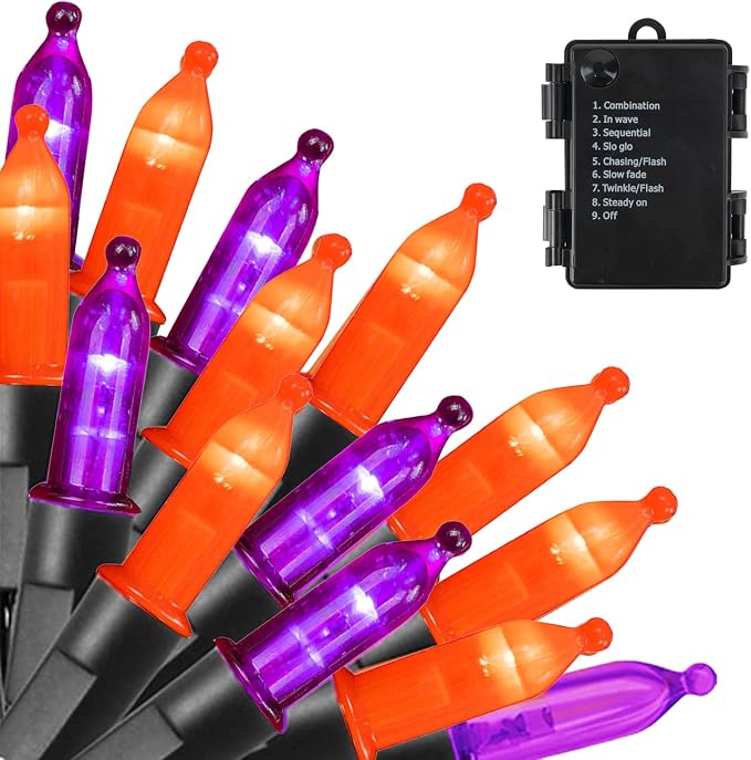 Dazzle Bright Purple and Orange Halloween Lights Battery Operated, 50 LED 16FT Waterproof Mini String Lights with 8 Modes, Halloween Decorations for Outdoor Indoor Garden Yard Party Decor - string light