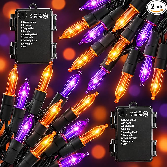 NEROSUN Halloween Mini String Lights, 2 Pack Total 100 LED 32 FT Waterproof Battery Operated Fairy Lights with 8 Modes, Halloween Decorations for Indoor Outdoor Garden Party Decor (Purple & Orange) - string light