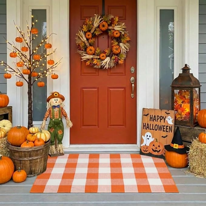 MUBIN Fall Decor Cotton Buffalo Plaid Rug, 27.5×43 Orange White Outdoor Rug Front Door Decorative Mat, Washable Halloween Doormat Foldable Area Rug Layered Door Mats Rug for Front Porch, Entryway