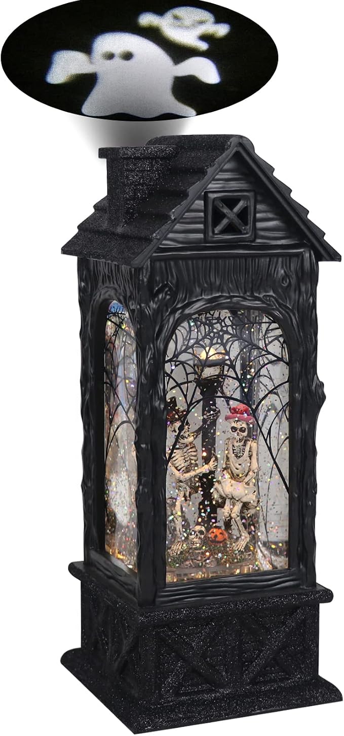 GenSwin Halloween Snow Globe Lantern Ghost Projection Lamp with 6H Timer - skull lamp