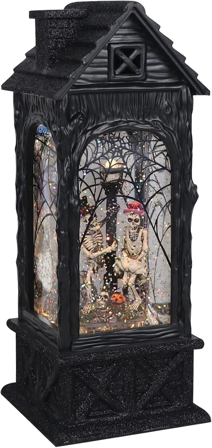 Wondise Halloween Projection Snow Globe with Timer, Battery Operated Spinning Water Glittering Skull Statue Lantern Globe for Halloween Decoration