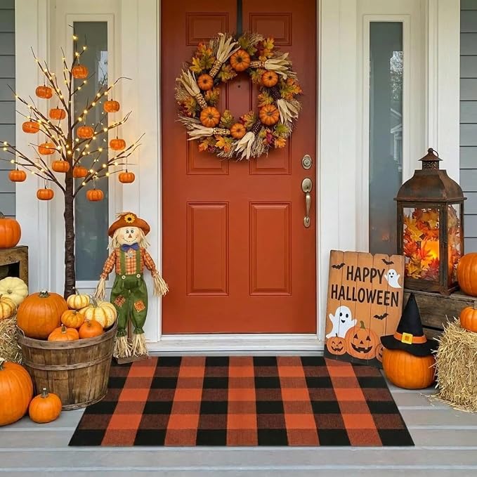 MUBIN Fall Decor Cotton Buffalo Plaid Rug, 27.5×43 Orange Black Outdoor Rug Front Door Decorative Mat, Washable Halloween Doormat Foldable Area Rug Layered Door Mats Rug for Front Porch, Entryway