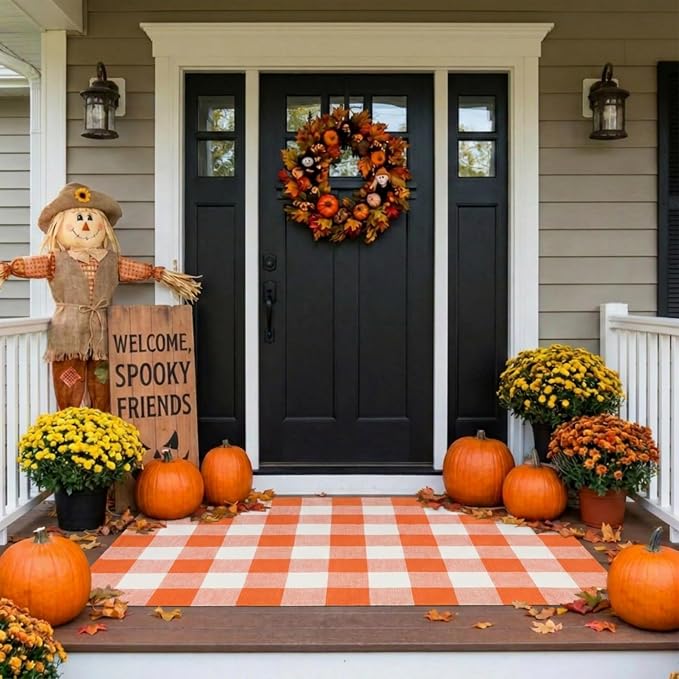MUBIN Fall Decor Cotton Buffalo Plaid Rug, 3′ x 5′ Orange White Outdoor Rug Front Door Decorative Mat, Washable Halloween Doormat Foldable Area Rug Layered Door Mats Rug for Front Porch, Entryway
