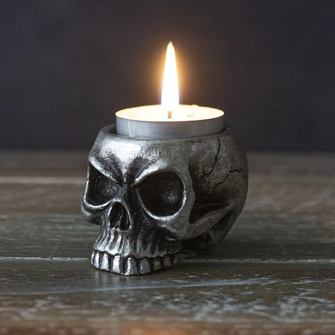 SUMMIT COLLECTION Immoral Evil and Eerie Mini Silver Skull Versatile T-Light Candle/Votive Holder Halloween Décor - skull candle