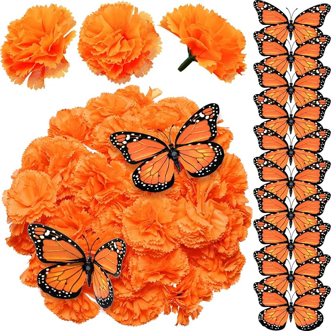 WILLBOND 62 Pcs Marigold Flowers & Monarch Butterfly Decor, Orange - skull wreath
