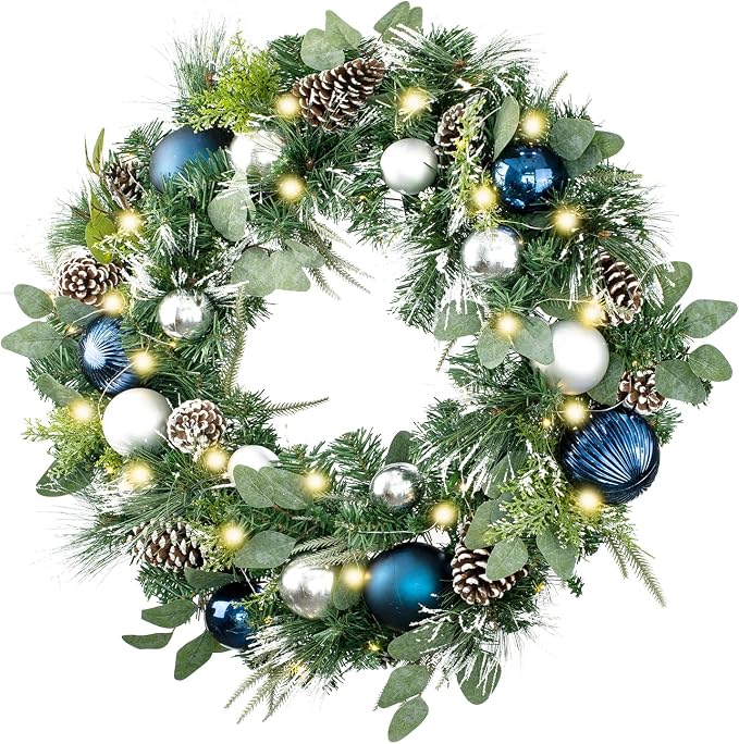 WANNA-CUL 30 Inch Pre-Lit Silver Blue Christmas Wreaths for Front Door - skull wreath