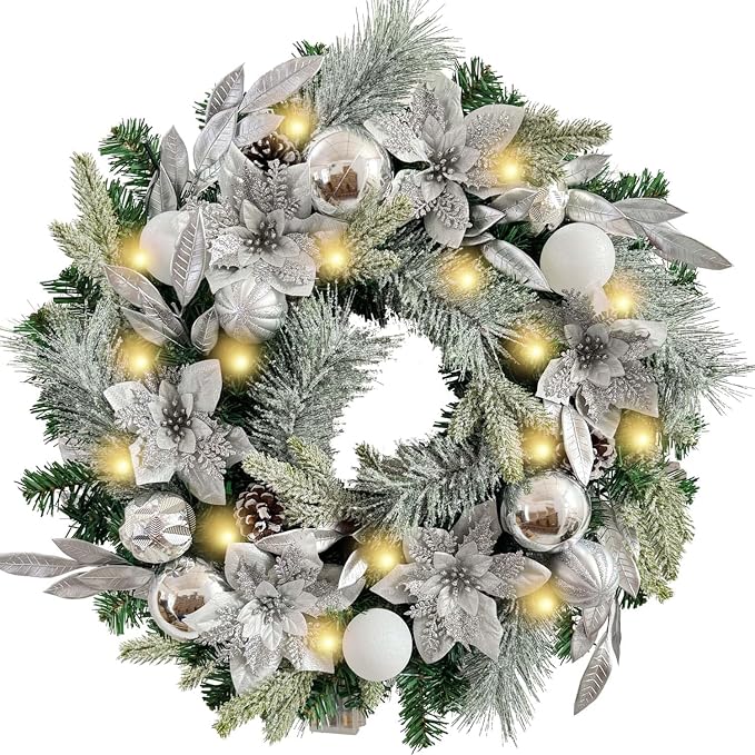 WANNA-CUL Pre-Lit 24 Inch Silver White Christmas Wreath for Front Door - skull wreath
