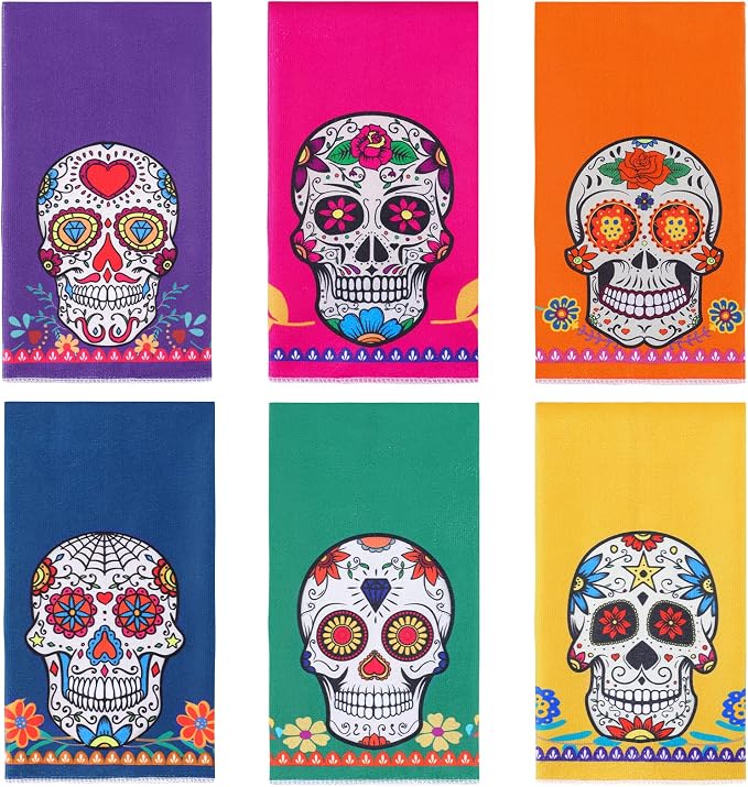 Tudomro 6 Pcs Mexican Kitchen Towels Dishtowel for Sugar Skull Decor Gift