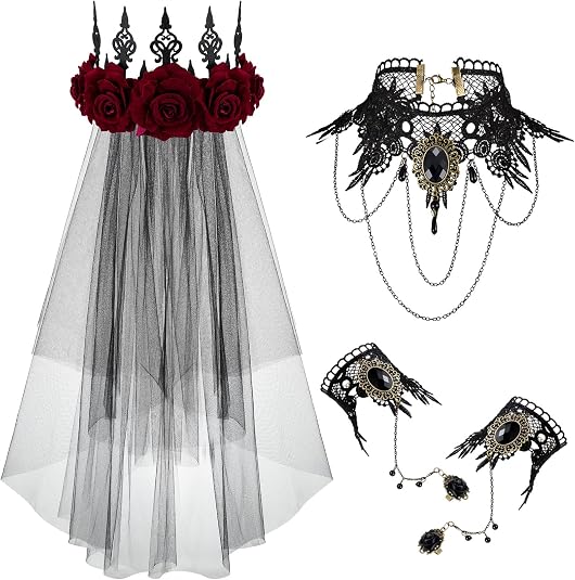 Dingion 5 Pcs Day of The Dead Headpiece Black Veil Halloween Gothic Crowns - skull headband