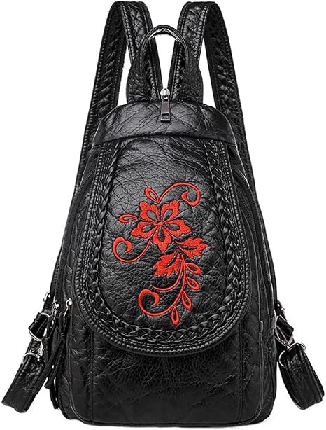 Vintage Embroidered Women Backpacks Soft PU Leather Backpack Purse Small Female Travel Bag High Capacity Black Chest Packs (Red Flower) - skull backpack