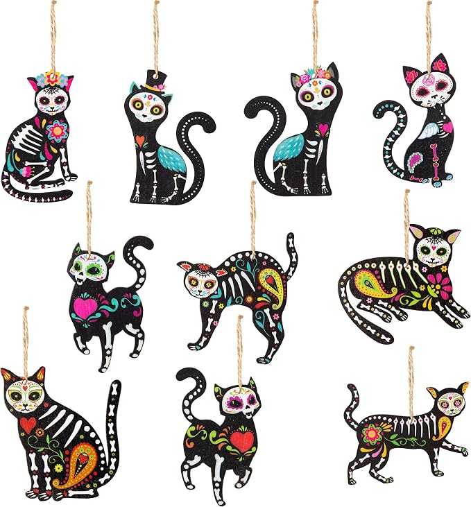 WATINC 31pcs Day of the Dead Cat Skeleton Wood Hanging Ornament, Sugar Skull Scratch Skeleton Halloween Decorations Mexican Fiesta Festival Party Wooden Gift Tags Decor, Crafts Favor for Home Tree - skull figurine