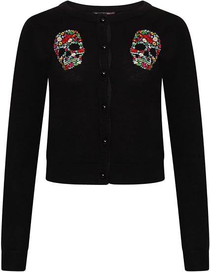 Ro Rox Dee Dee Cardigan Goth Floral Skull Embroidery Rockabilly Knit Knitted - skull jacket