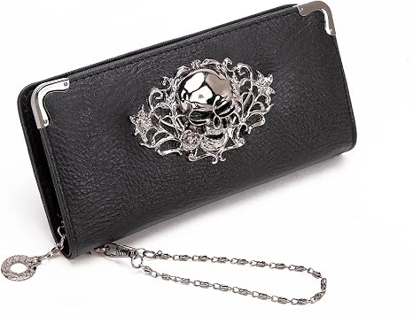 Skull Wallets for Women, Zip Around Goth Wallet Large Capacity Long Purse Credit Card Clutch Wristlet for Women (A-Black) - skull wallet