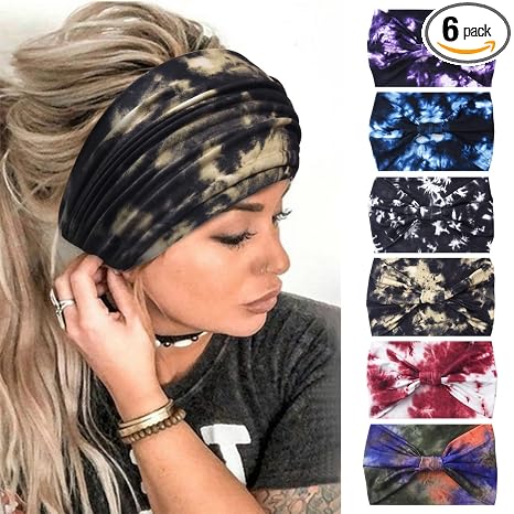 Yeshan Wide Headbands for Women Non Slip Boho Headband Elastic Tie dye Yoga Workout Sweat Bands Running Sport Hair bands,Pack of 6 - skull headband
