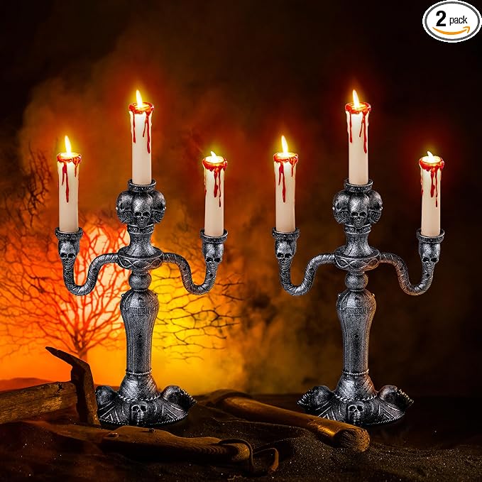 JOYIN 2 Pcs Skull Candelabra Halloween Decorations Indoor LED Lights Flameless Candles Holder, Scary Haunted House Mansion Decor for Table Home Party - skull candle