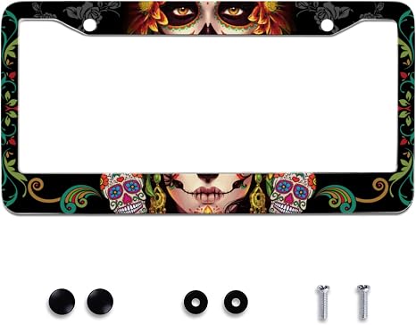 Sugar Skull Retro Stainless Steel License Plate Frame Fits US Standard - skull plate