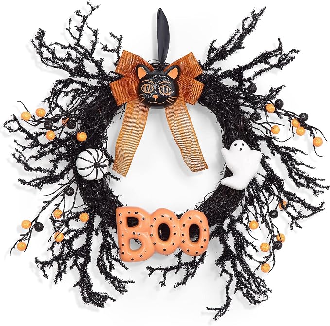 Halloween Wreaths for Front Door, 18Inch Halloween Wreath with Black Cat Boo Sign White Pumpkin and Ghost for Indoor Outdoor Window Proch Halloween Decoration - skull wreath