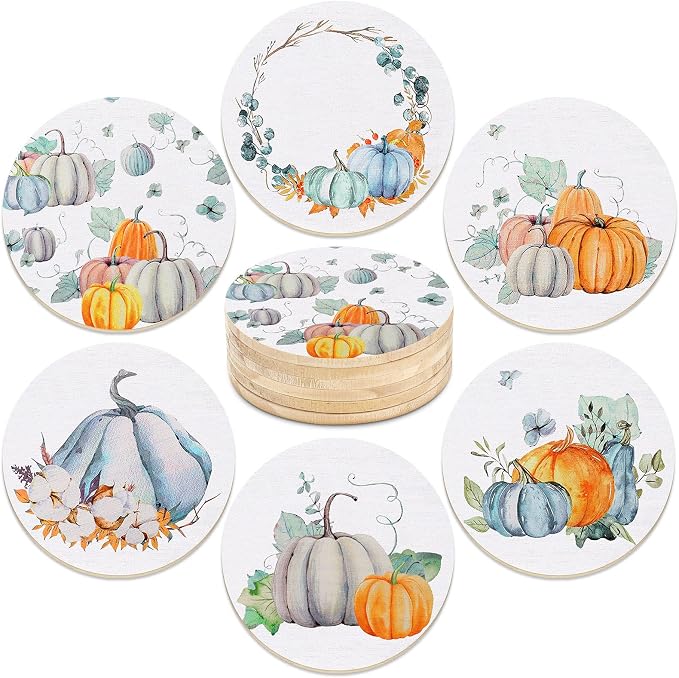 6 Pcs Fall Coasters Wooden Watercolor ,Pumpkin - skull coaster