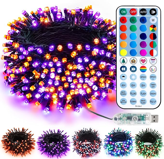 Brizled Orange Purple Halloween Light Indoor, Color Changing, 100 LED 33 ft - string light