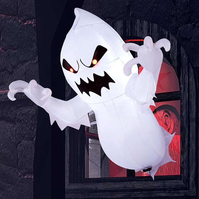 Joiedomi 4.5 FT Halloween Inflatable Ghost with Build-in LEDs, Blow Up Flying Ghost Broke Out from Window for Halloween Window Decorations, Yard, Garden, Lawn Decoration - skull inflatable