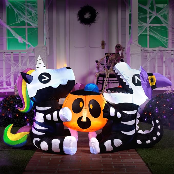 Joiedomi 6 FT Halloween Inflatables Outdoor Decorations, Sitting Skeleton Unicorn & Dinosaur with Pumpkin Blow Up Yard Decor, LED Lighted Holiday Lawn Garden Patio Outside Inflatables Decor - skull inflatable