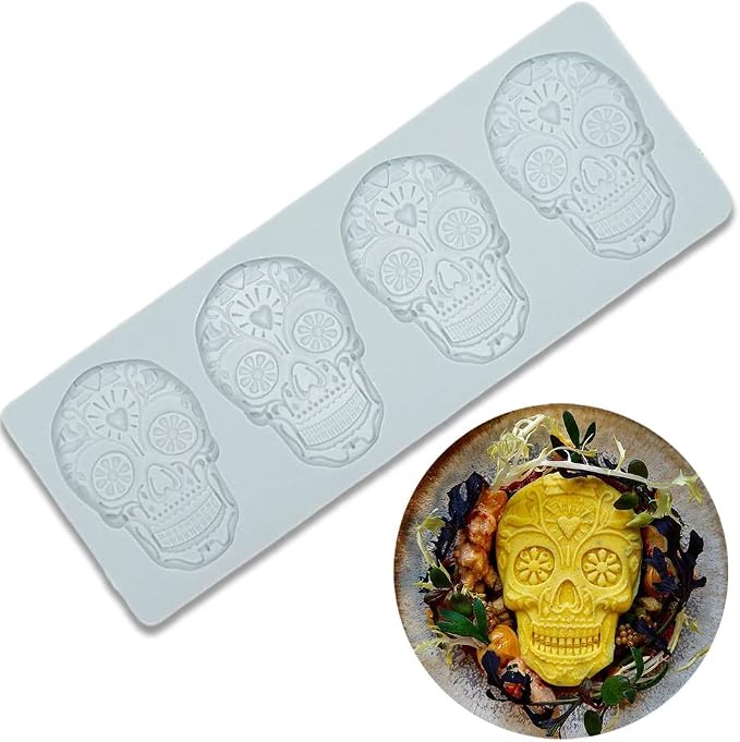 Cestony Halloween Skull Lace Embossing Mat Texture Fondant Impression Mat Decorating Silicone Molds for DIY Cake Biscuit Cookies Sugar Pudding Chocolate Hard Candies Dessert Candle Decor - skull ashtray