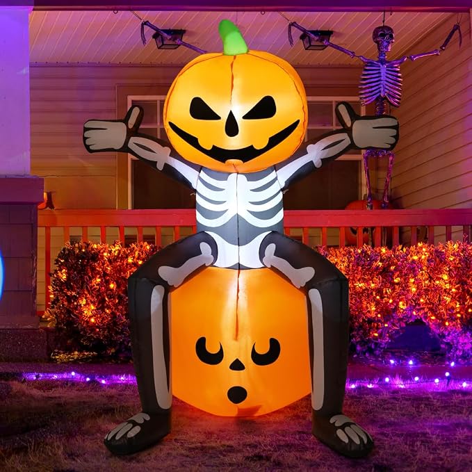 COMIN Halloween Inflatables 5FT Skull Skeleton Pumpkin Head with Built-in LEDs Blow Up Yard Decoration for Holiday Party Indoor, Outdoor, Yard, Garden, Lawn - skull inflatable